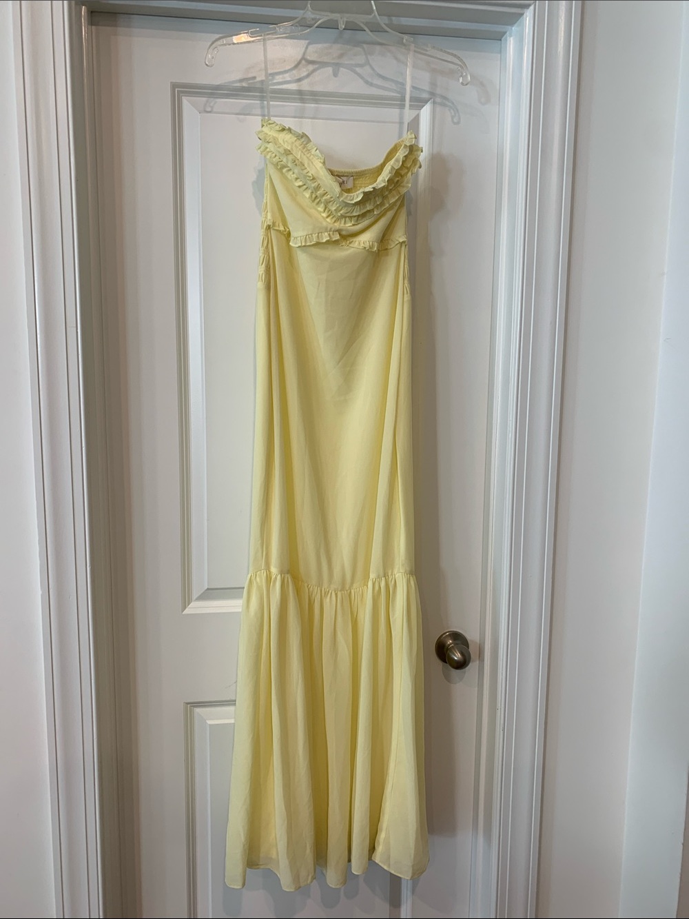 Meshki Pale Yellow Ruffle-Trim Maxi Dress strapless chiffon XXS NWOT